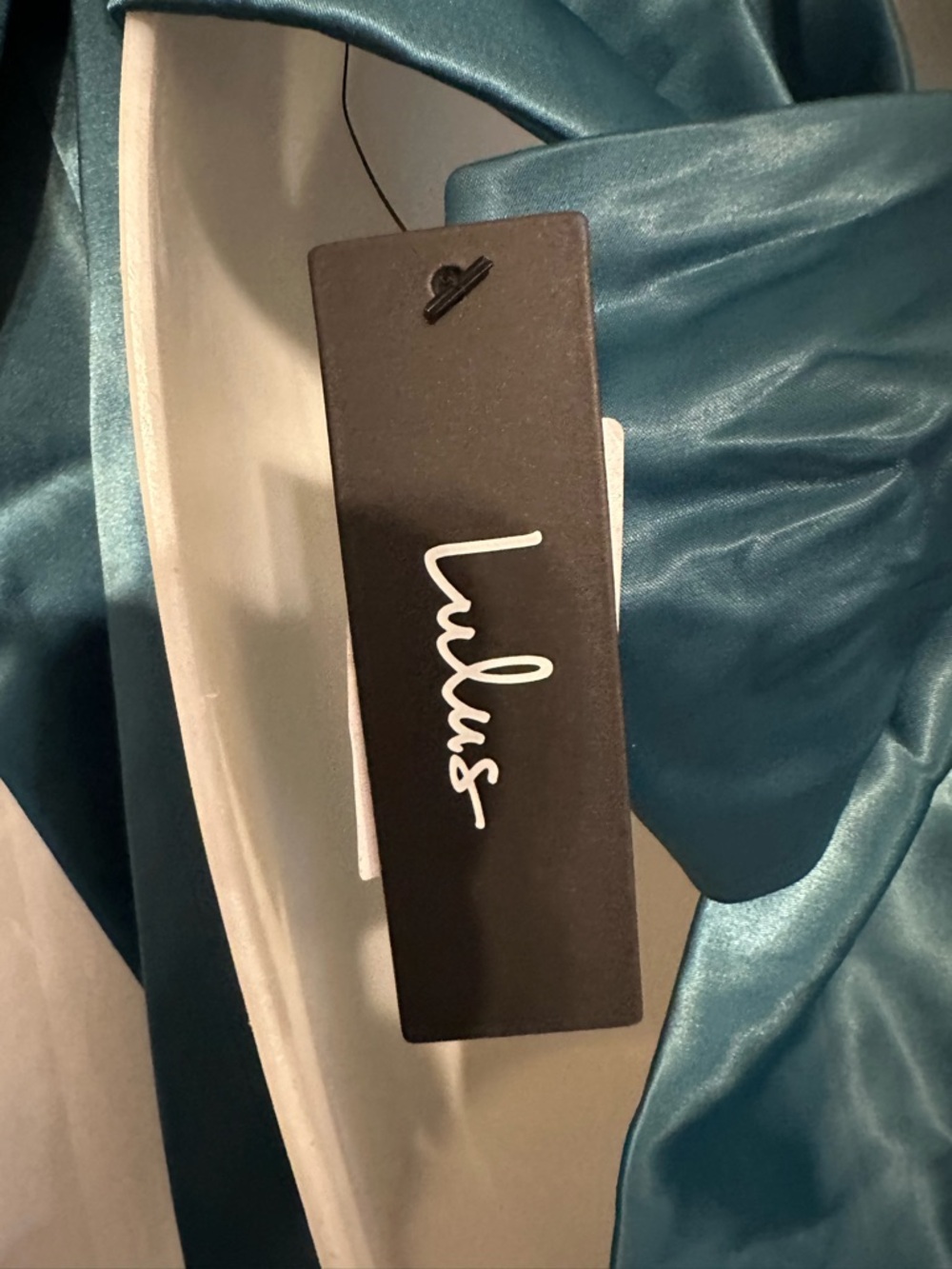 Lulu's Satin Blouse in Deep Teal with Long Sleeves and Open Back and Bow Tie - Picture 11 of 12